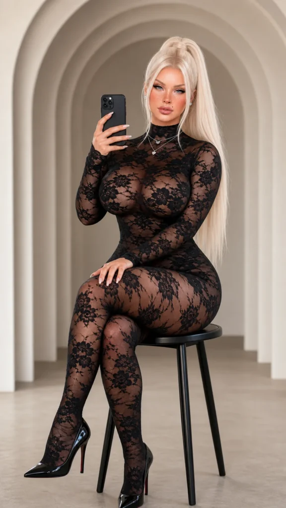 Mulher loira elegante tirando selfie com roupa rendada preta em ambiente minimalista, inspirada em prompt ia selfie feminina realista.