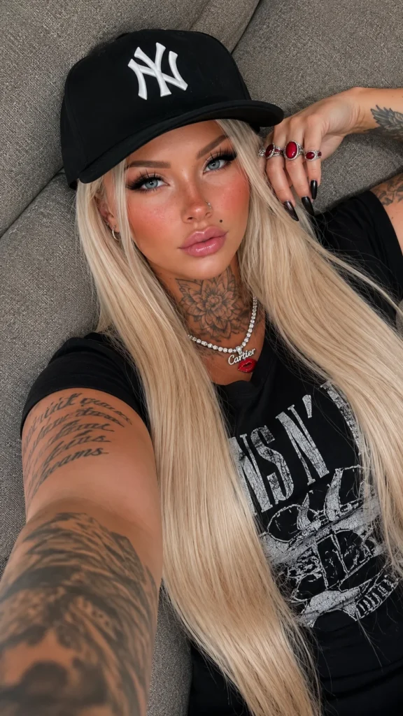 Mulher loira realista em composição selfie reclinada sobre tecido cinza, usando boné preto NY, joias metálicas e visual urbano cinematográfico criado com estética de IA.