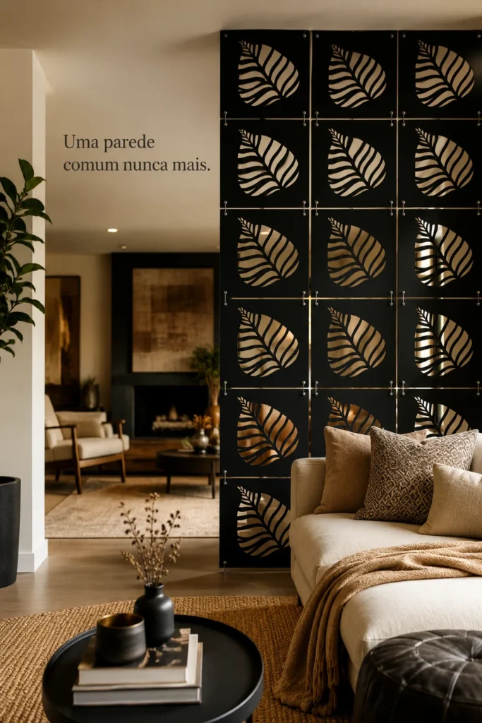 Painel cobogó MDF preto aplicado em parede moderna de sala com decoração sofisticada e ambiente aconchegante