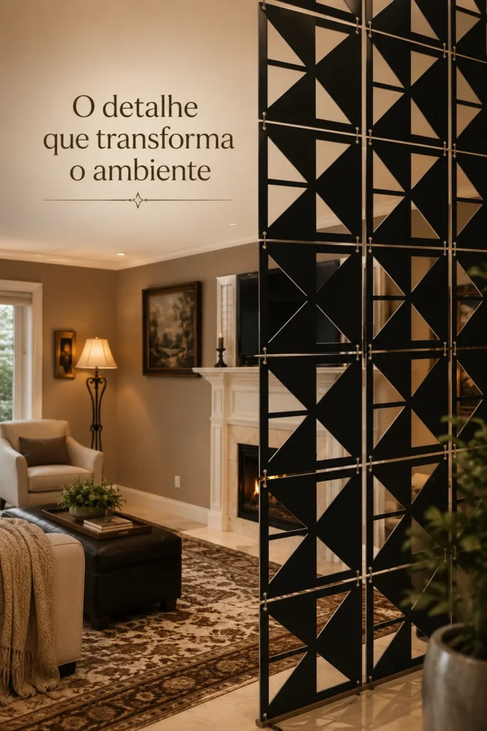 Painel decorativo em MDF preto aplicado em parede moderna de sala com estilo sofisticado e aconchegante