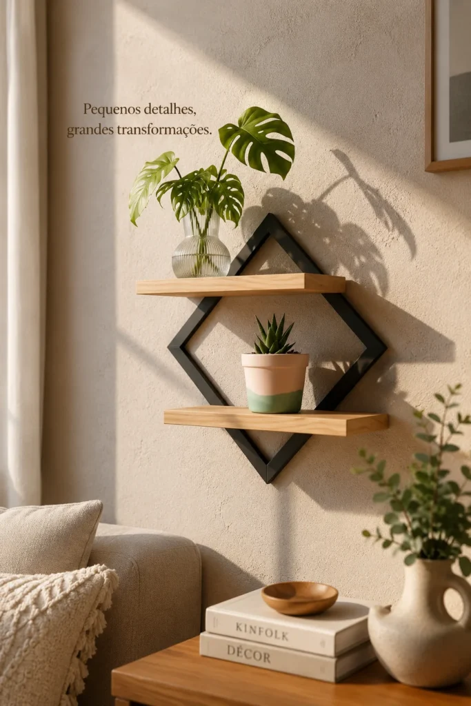 Prateleira decorativa dupla estilo industrial com moldura geométrica preta e vasos decorativos em ambiente moderno e aconchegante