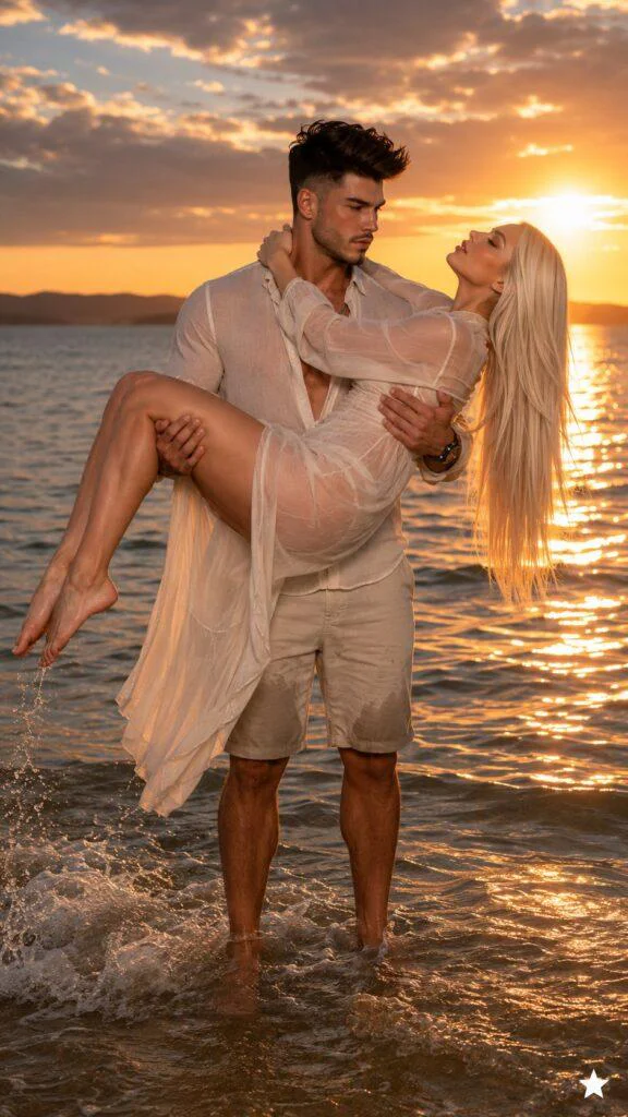Casal romântico na praia ao pôr do sol com visual cinematográfico realista em cena criada com prompt casal praia pôr do sol cinematográfico