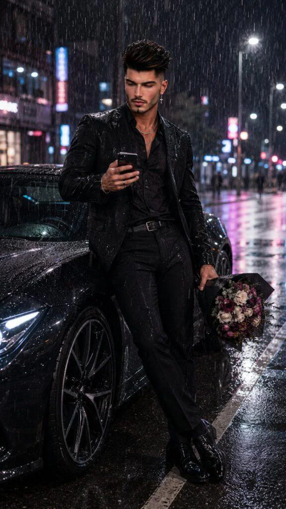 Homem elegante encostado em carro esportivo na chuva usando terno preto à noite com estética cinematográfica e prompt homem elegante carro esportivo