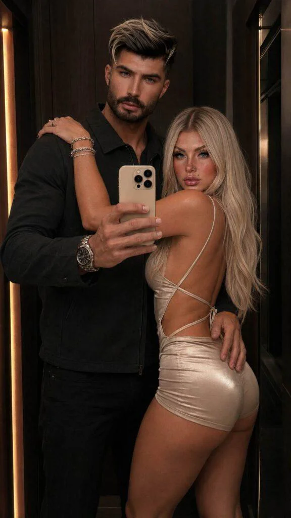 Casal estiloso em selfie no espelho com iluminação quente e estética cinematográfica usando prompt ia casal espelho realista.