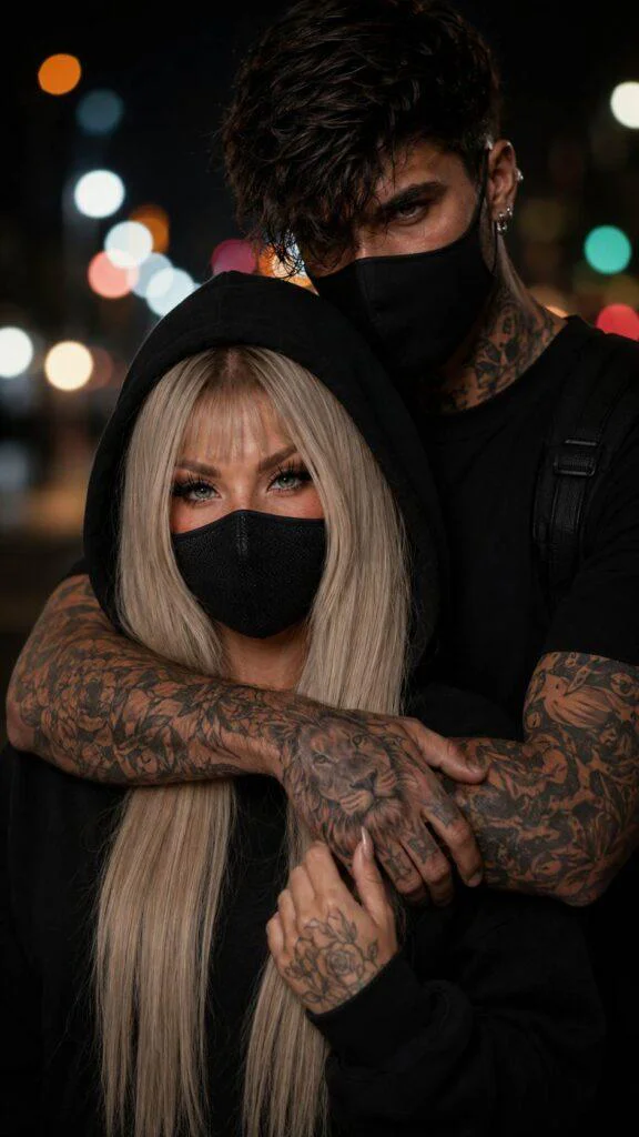 Casal misterioso em cenário urbano noturno usando roupas pretas e máscaras, em composição cinematográfica com estilo de prompt ia casal misterioso realista.