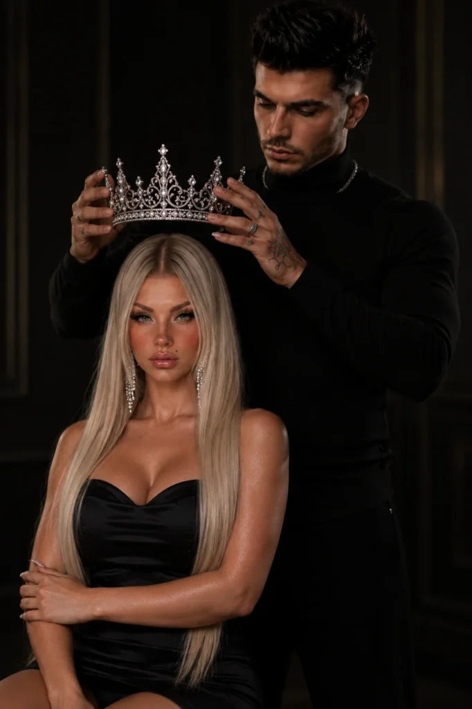 Casal estilizado em pose editorial com visual urbano e estética dark usando prompt IA casal realista tatuado em fundo preto minimalista.