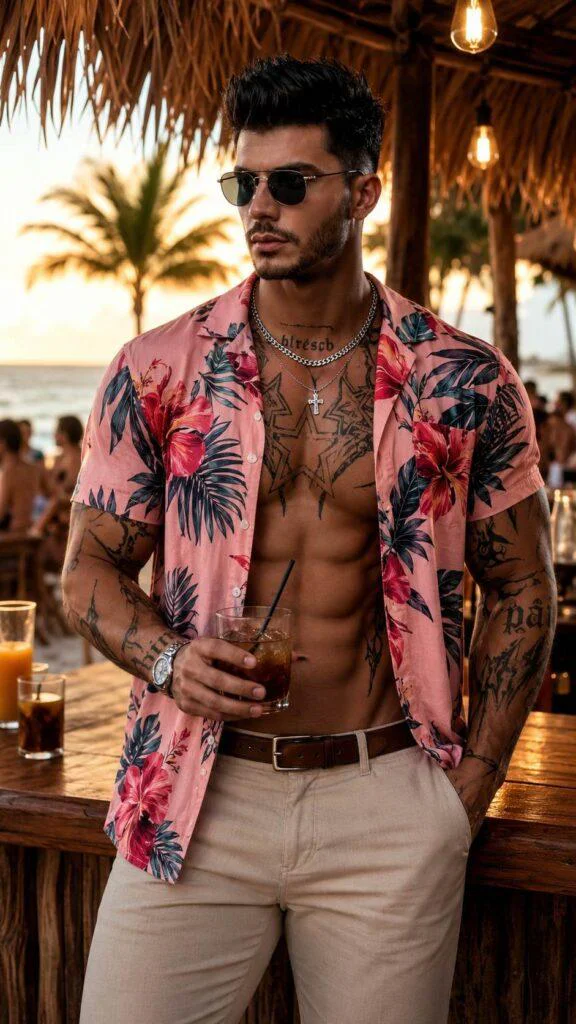 Homem tatuado usando camisa tropical em bar de praia ao pôr do sol, em cena cinematográfica criada com prompt ia homem estilo praia luxo.
