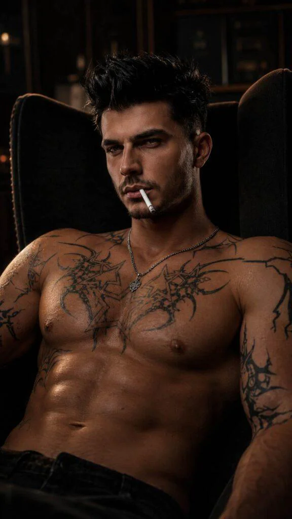 Homem tatuado reclinado em poltrona escura com iluminação dramática em estilo prompt ia imagem cinematografica masculina.