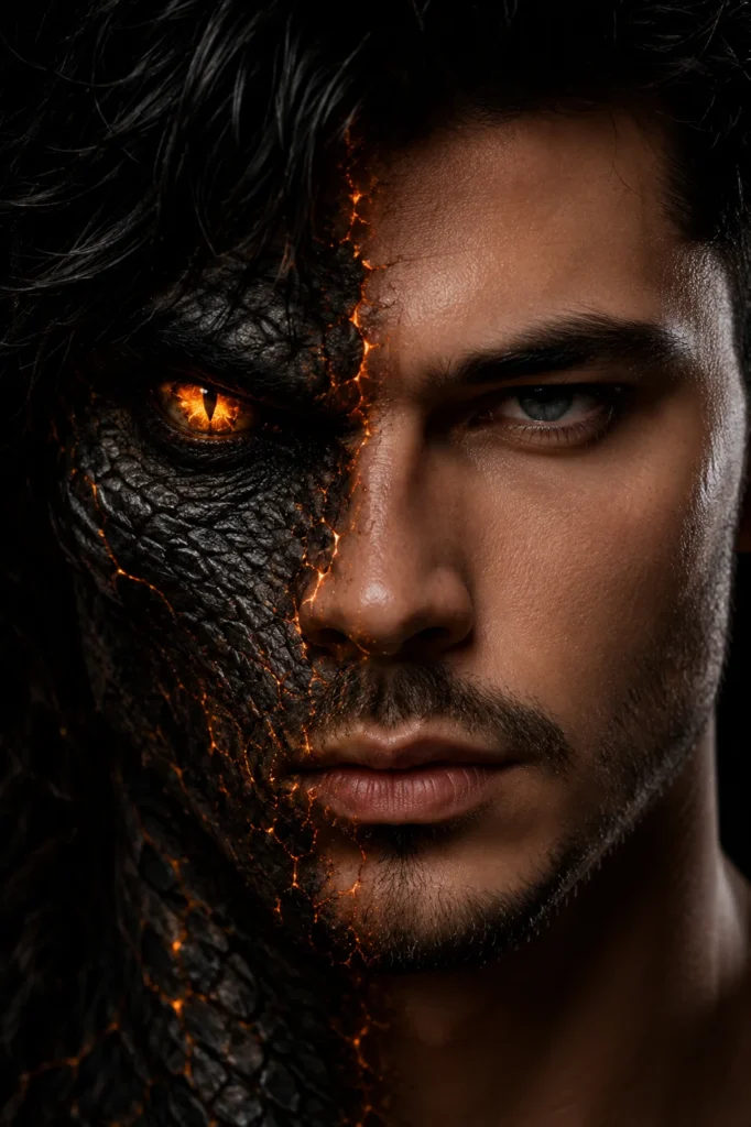 Retrato dividido entre humano e criatura reptiliana em estilo sombrio e hiper-realista usando prompt ia imagem cinematografica.