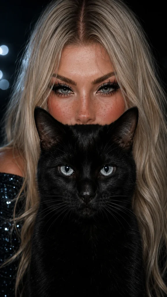 Mulher loira com maquiagem intensa atrás de um gato preto em close cinematográfico, estilo prompt IA imagem feminina realista.