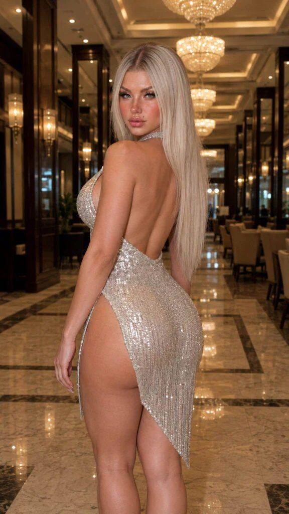 Mulher elegante em lobby de hotel luxuoso usando vestido brilhante em cena inspirada por prompt ia imagem feminina realista.