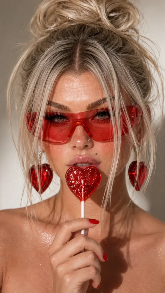 Mulher em close-up usando óculos vermelhos transparentes e pirulito em formato de coração em estilo prompt ia imagem feminina realista.