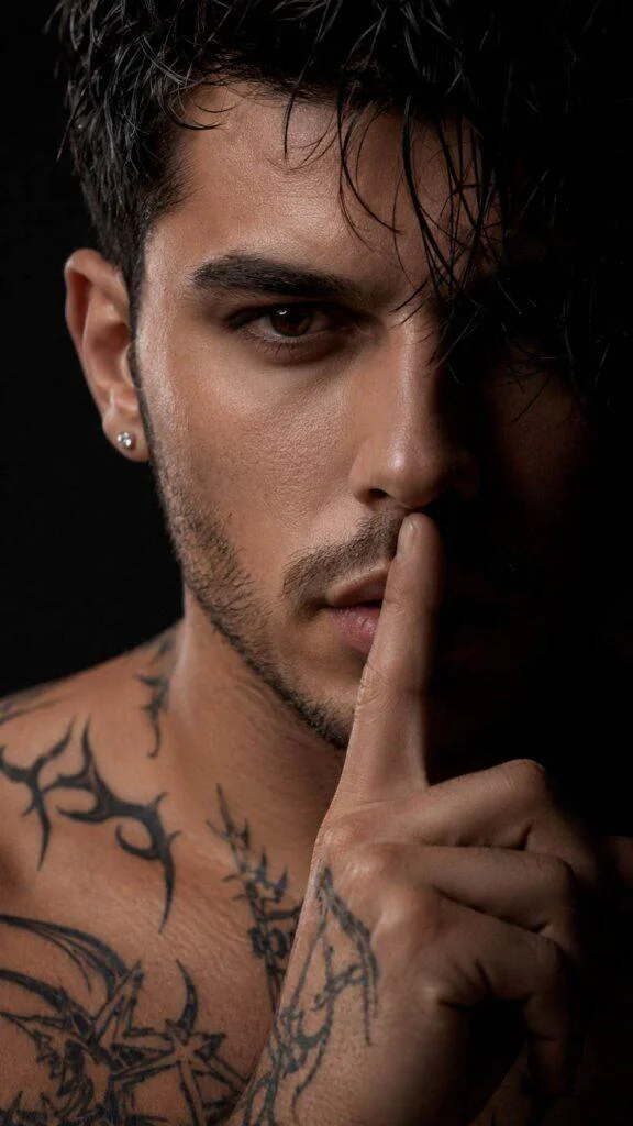 Retrato masculino em close extremo com iluminação cinematográfica e dedo sobre os lábios, inspirado em prompt ia retrato masculino cinematografico.