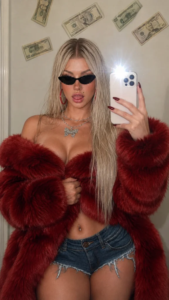 Mulher loira usando casaco vermelho de pelúcia em selfie no espelho com flash e estética fashion urbana em prompt ia selfie espelho feminina realista.