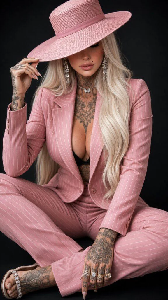 Mulher elegante com terno rosa sentado em pose fashion editorial usando chapéu oversized e tatuagens realistas — prompt mulher elegante realista