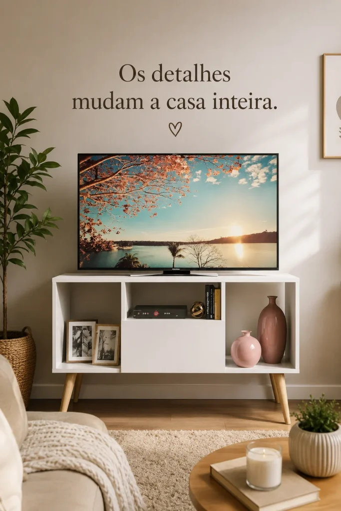 Rack para TV retrô com pés palito em sala moderna e aconchegante com decoração clean