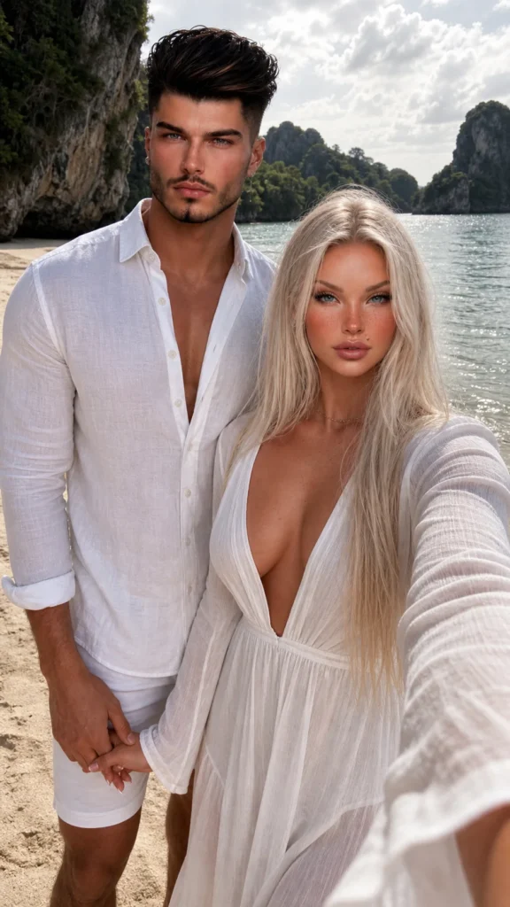 casal elegante em selfie na praia com roupas brancas, iluminação suave, mar ao fundo e estética sofisticada