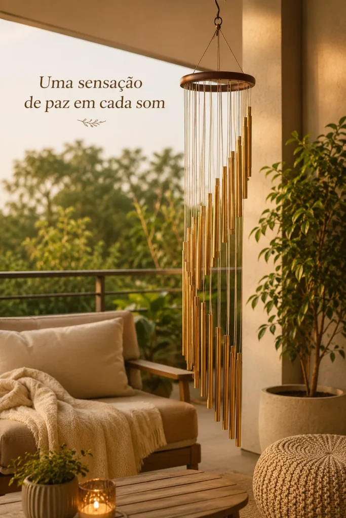Sinaleiro de vento dourado com tubos de alumínio e base de madeira decorando varanda aconchegante com atmosfera relaxante
