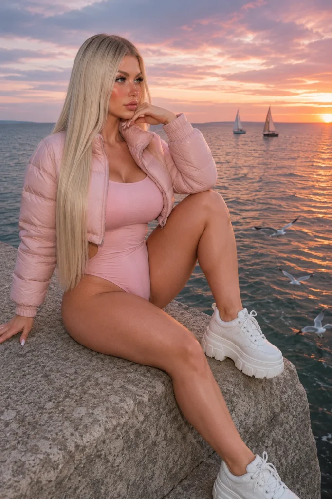 Mulher loira sentada à beira-mar ao pôr do sol em composição cinematográfica com estética fashion editorial e atmosfera contemplativa, inspirada em sunset waterfront AI prompt.