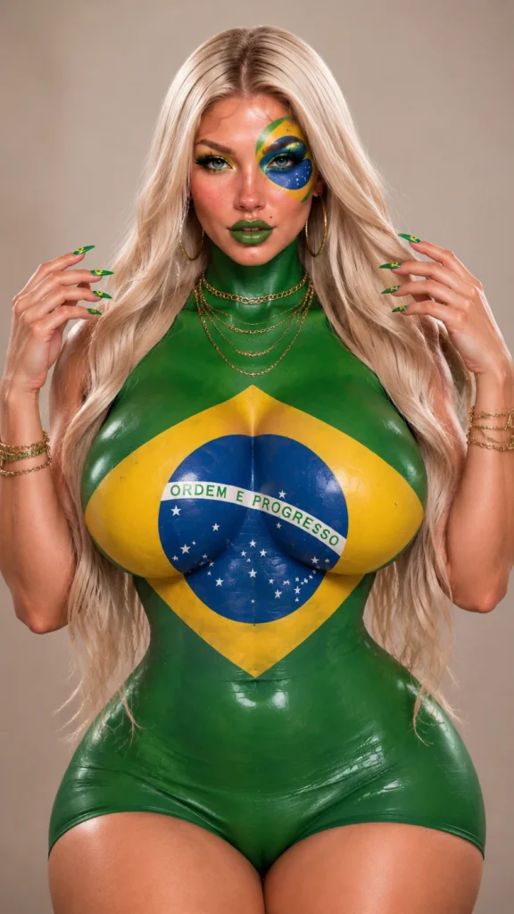 Retrato hiper-realista de uma mulher com corpo pintado com as cores da bandeira do Brasil, cabelos loiros longos e ondulados, maquiagem dramática e joias douradas, em estilo fashion e artístico. Prompt de IA gratuito e pronto para copiar.