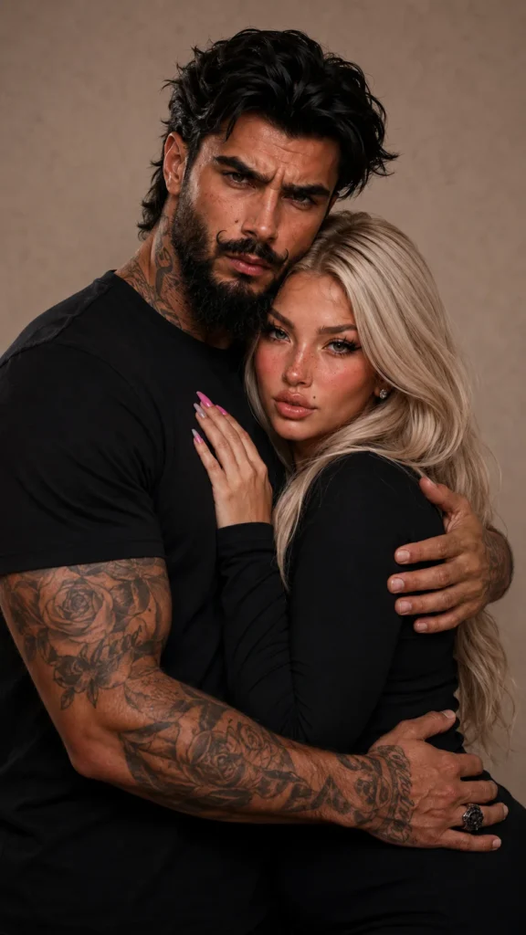 Casal hiper-realista em retrato de estúdio com personagem masculino musculoso e personagem feminina em vestido rosa brilhante, composição vertical e estilo cinematográfico digital.