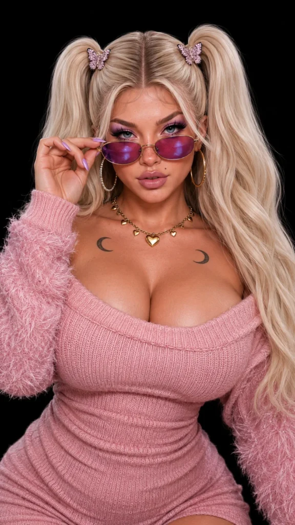 Mulher hiper-realista IA em retrato vertical de estúdio usando vestido rosa brilhante, cabelo platinado longo, joias metálicas e fundo preto minimalista.
