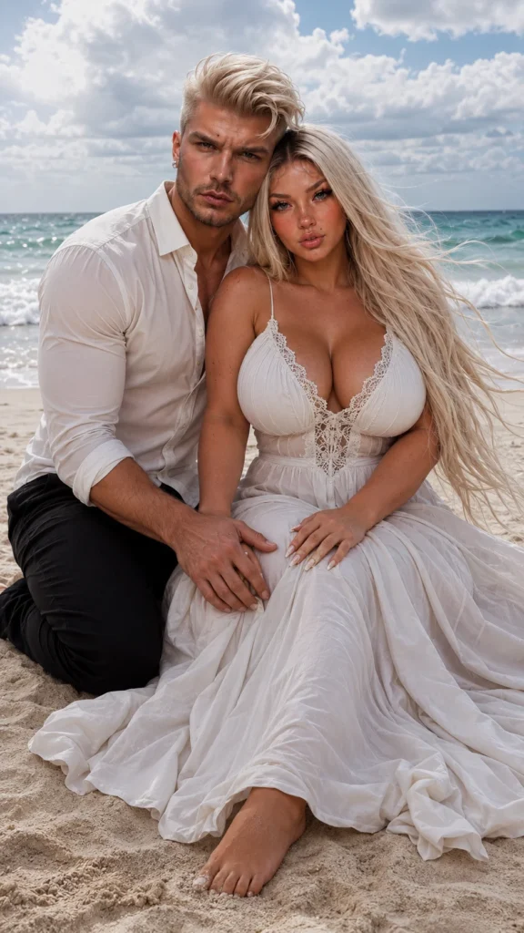 Prompt de casal na praia em estilo fotorrealista mostrando um homem ajoelhado ao lado de uma mulher com vestido branco esvoaçante diante do mar sob céu nublado, em composição vertical cinematográfica.