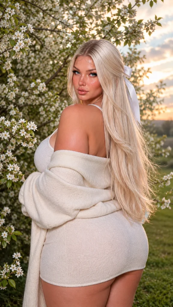 Retrato feminino romantico ao ar livre entre flores brancas, com cabelo longo claro, laço delicado e iluminação suave de fim de tarde em estilo fotográfico realista.