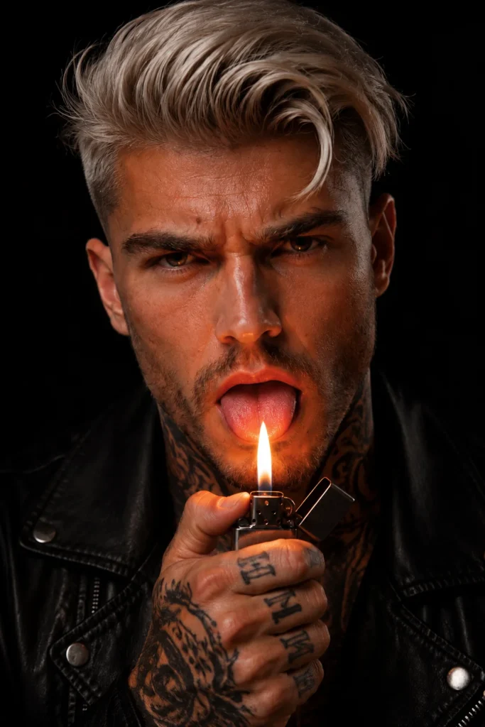Retrato masculino dramático em close-up com isqueiro aceso, fundo preto, iluminação cinematográfica e expressão intensa voltada para a câmera.