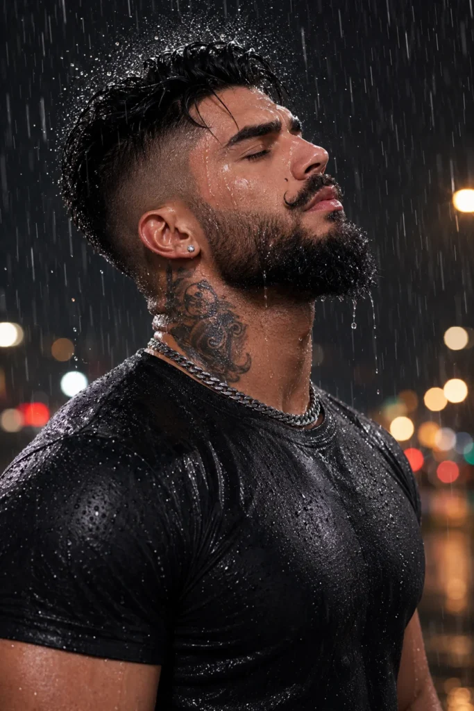 Retrato masculino na chuva em perfil lateral, com camiseta preta molhada, colar metálico e iluminação urbana desfocada ao fundo em estilo fotográfico realista.