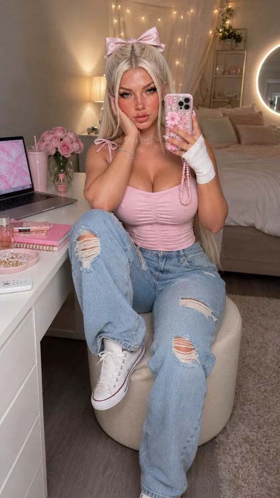Selfie aesthetic feminina em quarto decorado com tons de rosa, iluminação aconchegante, visual casual e composição elegante para inspiração em arte com IA.